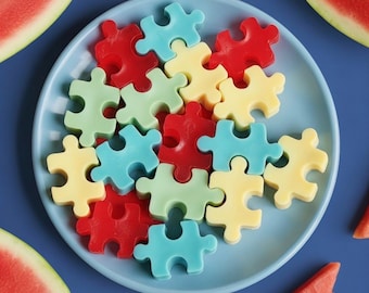 Set di saponi a forma di puzzle: bomboniere per il bagno dei bambini, profumate all'anguria, vegane