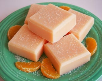 May include: Four square-shaped, pale peach-colored bars with a smooth, matte finish are arranged on a round, light green plate. The bars are topped with a light dusting of white granules and surrounded by several fresh orange citrus slices.