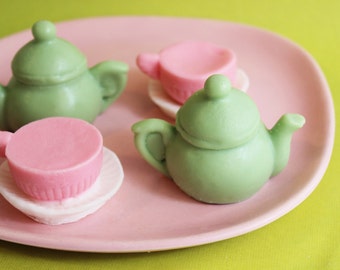 Tea Party Soap Green Apple Set - Teapot Soap, Teacup Soap, Alice In Wonderland Soap, Teen Gift, Soap Favors, Green Apple Soap, Soap Favors