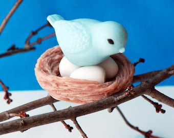 Blue Bird Soap Nest Set: Chocolate Scented Novelty Soap, Bridal Shower, Wedding, Easter