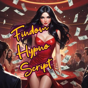Peut inclure: Une femme en robe rouge se tient dans un casino avec de l'argent qui tombe autour d'elle. Le texte "Findom Hypno Script" est écrit en lettres jaunes sur l'image.