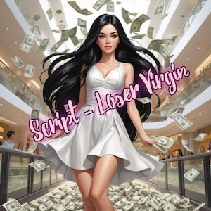 May include: A woman in a white dress walks through a shopping mall with money falling around her. The text "Script - Loser Virgin" is superimposed on the image.