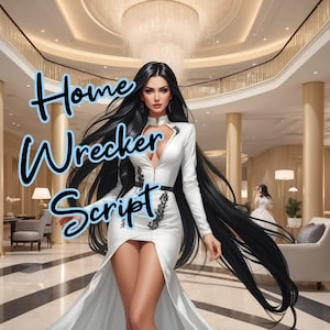 May include: A woman in a white dress with a black belt and long black hair stands in a large, modern lobby. The text "Home Wrecker Script" is superimposed over the image.