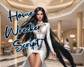 Puede incluir: Una mujer con un vestido blanco y un cinturón negro y cabello largo y negro se encuentra en un gran vestíbulo moderno. El texto "Home Wrecker Script" se superpone a la imagen.