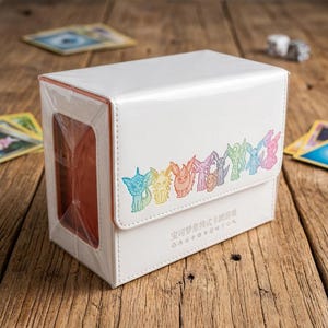 May include: White card storage box with a colorful line of cartoon characters across the top. The box is on a wooden surface, with a few trading cards visible. The box has a magnetic closure.
