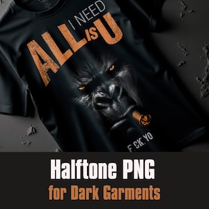 Puede incluir: Camiseta negra con un gráfico de gorila. El diseño incluye el texto "I NEED ALL IS U" en naranja y una cara de gorila con un cigarro. La parte inferior de la camiseta tiene el texto "F CK YO".