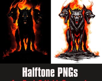 Three-Headed Wolf Halftone PNG | DTF DTG Design (Digital Download)