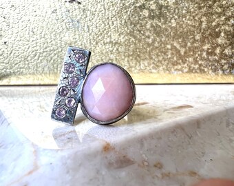 pink opal and pink sapphire sterling silver statement ring - one of a kind handmade jewelry