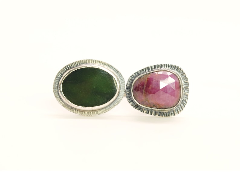 sterling silver sapphire and jade ring statement ring royal ring jade and purple rose cut sapphire double stone ring