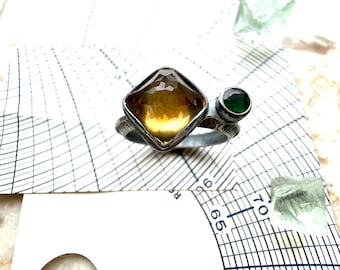 citrine and emerald ring in sterling silver handmade and one of a kind jewelry