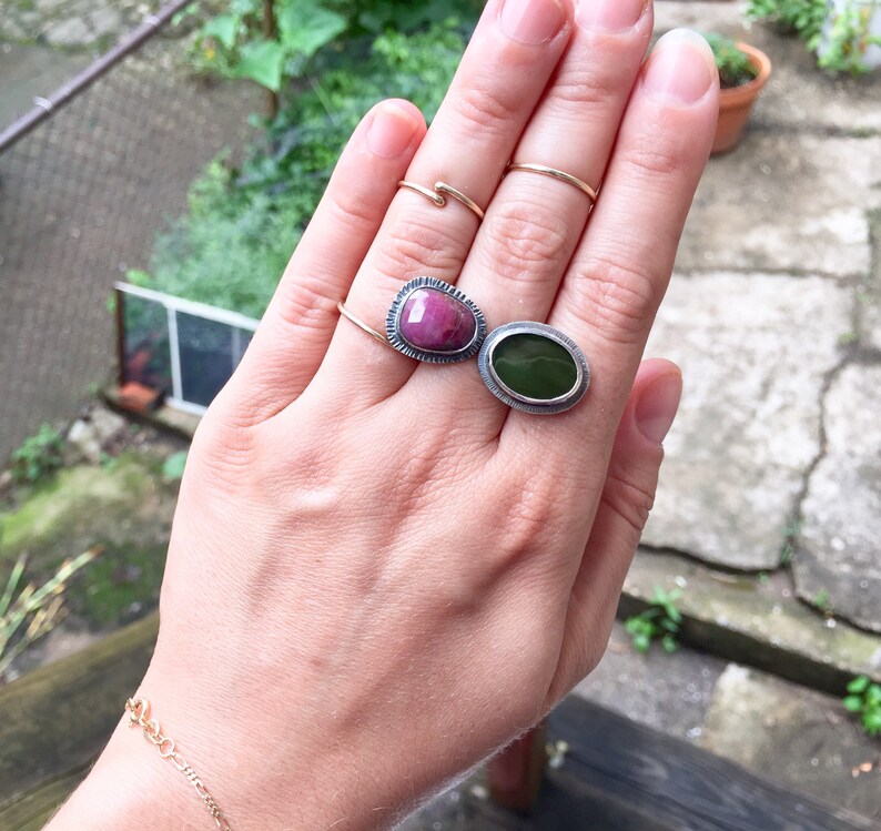 sterling silver sapphire and jade ring statement ring royal ring jade and purple rose cut sapphire double stone ring