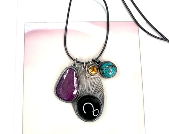 multi gemstone charm necklace - onyx, sapphire, turquoise and citrine necklace in sterling silver