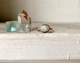 opal solitaire ring in solid 14k gold - opal day dreamer ring one of a kind handcrafted opal jewelry