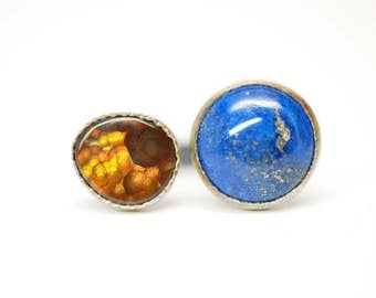 lapis and fire agate molten spark ring no.2 - fire agate and lapis sterling silver double stone ring - one of a kind fire agate ring