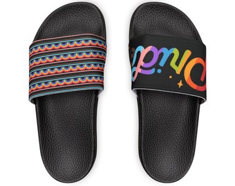 Schwarze Rainbow PRIDE Slide LGBTQIA+ Queer Ally Progress Sandalen – mit schwarzer Sohle