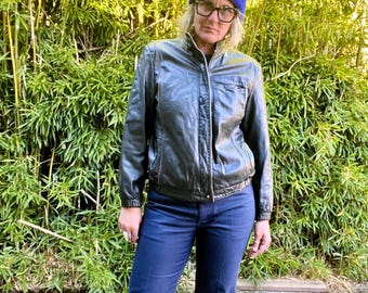 1980’s vintage black leather cafe motto bomber jacket womens small/medium