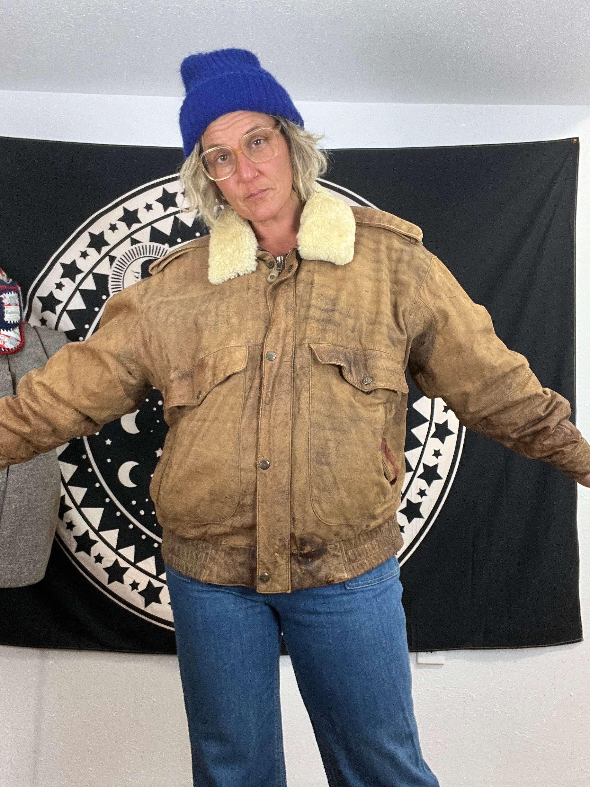 Outback Red Vintage 1980's/90's Aviator Leather Bomber Jacket With