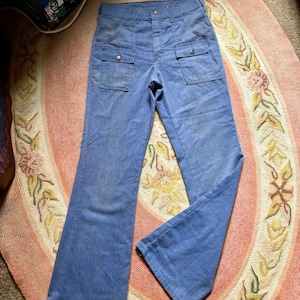 Jean évasé en coton hippie Sears des années 1970 avec poches à rabat, taille petite (28 pouces)