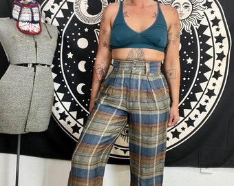 Express Vintage 1980er / 90er Jahre karierte Hose aus Ramie Viskose Damen Größe xsmall 25 in Taille