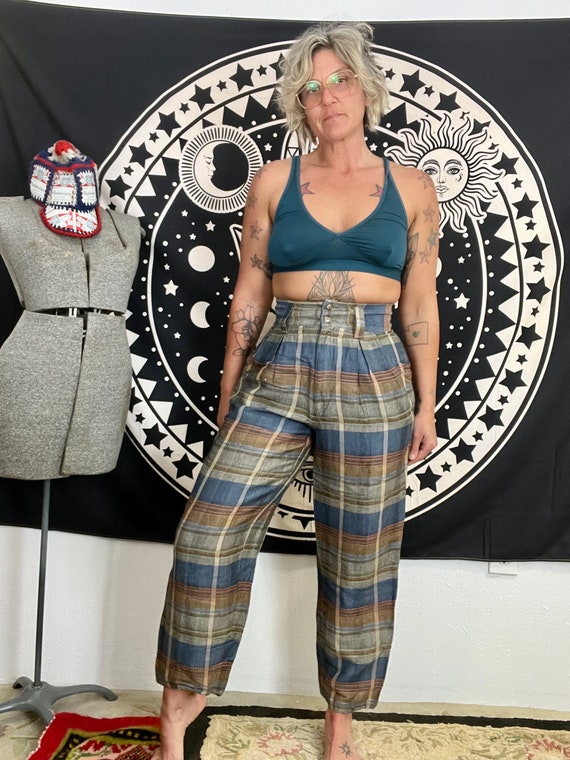 パンツ EMPERIAL FLEA TROUSERS 90s Express Vintage 1980's/90's Plaid Ramie Rayon Trouser Pants