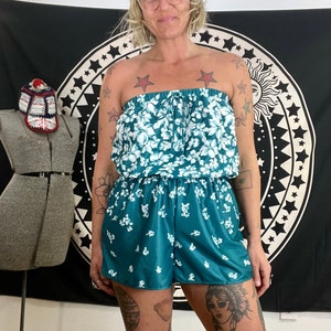 1980’s/90’s vintage teal and white floral strapless romper women’s size medium
