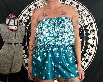 1980’s/90’s vintage teal and white floral strapless romper women’s size medium