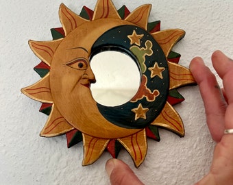 Celestial 1990’s vintage wood sun and moon mini hanging mirror 5.5 in x 5.5 in