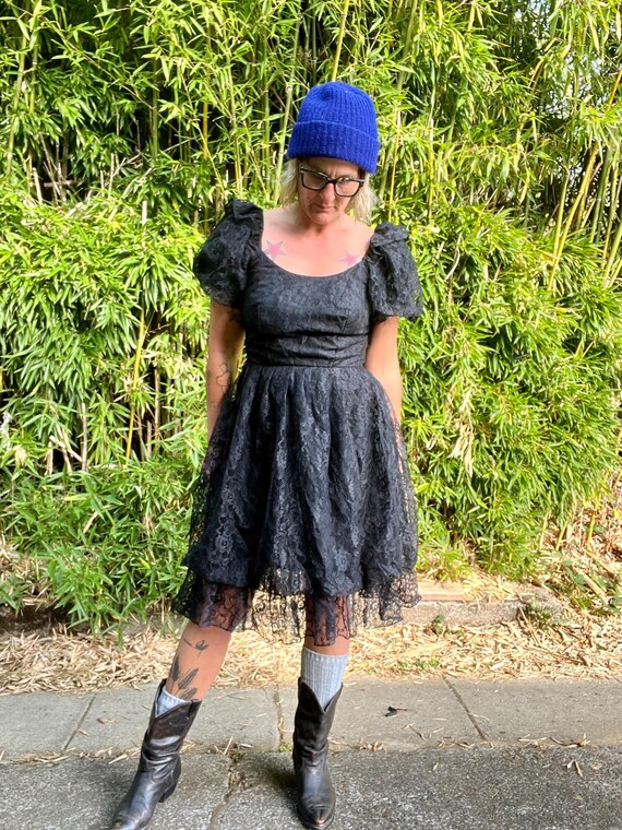 70's Black Lace Gothy Tea-Length Dress by Les Wilk For Frances Brewster main image 1