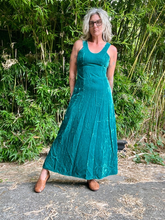 1970's/80's vintage handmade teal crushed velvet maxi tank dress women's size small