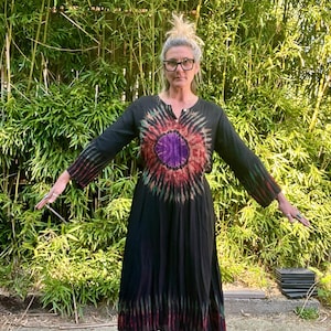 Abito midi a maniche lunghe in rayon vintage anni &#39;90, stile tie-dye, stile boho hippie, da donna, taglia media/grande