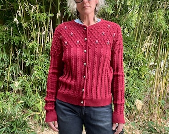 Cárdigan rojo con bordado floral vintage de lana alemana de los años 80 para mujer, talla mediana