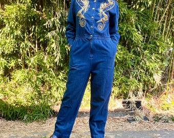 Blue Creek 1980’s vintage denim western rhinestone cowboy bedazzled jumpsuit women’s size medium