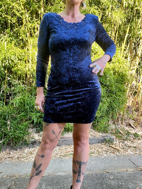 Molly Malloy 1990's Vintage Blue Crushed Velvet Long Sleeve Mini Dress Women's Size Small