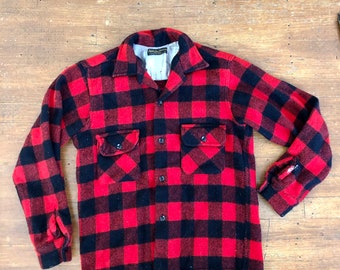 Parkella Flannel 1950/60 lã vintage vermelho e preto estampa de lenhador flanela tamanho masculino pequeno tamanho feminino pequeno/médio