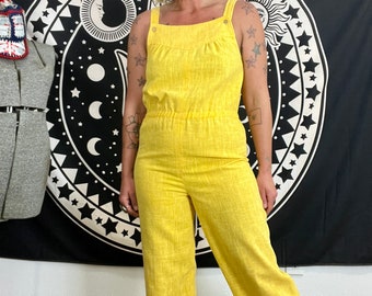 Sunshine yellow 1970’s vintage homemade linen blend boho hippie jumpsuit women’s size small/medium