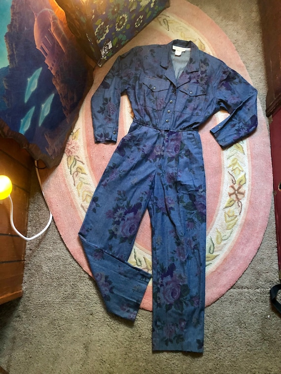 Rad 1980’s vintage floral print denim jumpsuit wo… - image 6