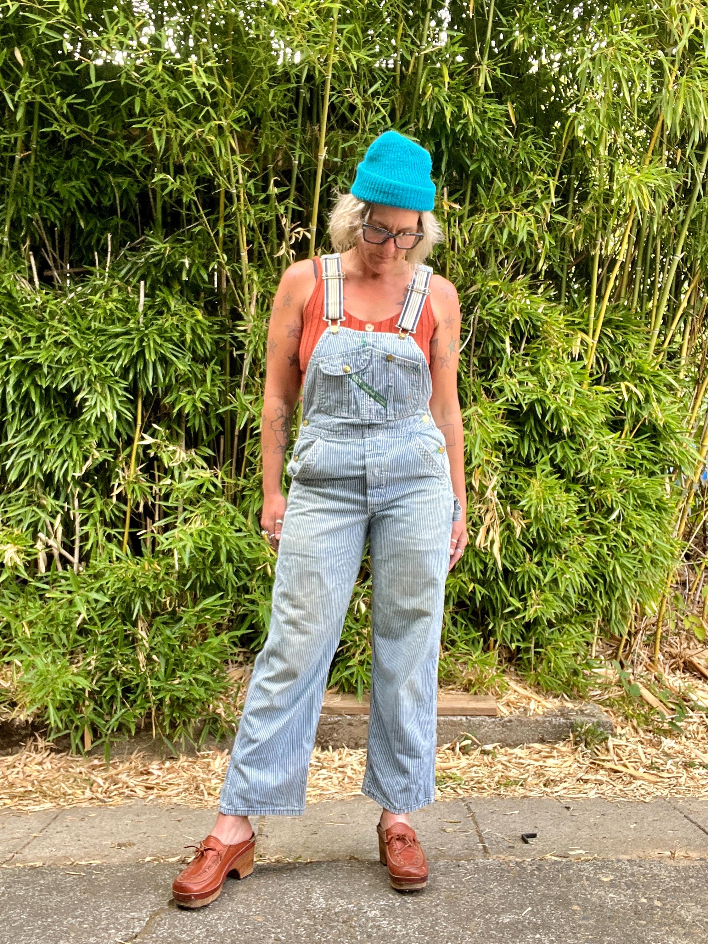 う*ぎ様 DENIMDUNGAREE ダメージリペア加工ヒッコリーオーバーオール DENIMDUNGAREE ダメージリペア加工ヒッコリーオーバーオール