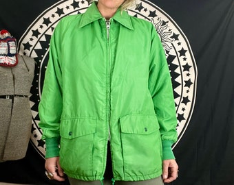 Neon Lime green fleece sherpa lined 1970’s vintage nylon jacket mens or women’s size medium/large