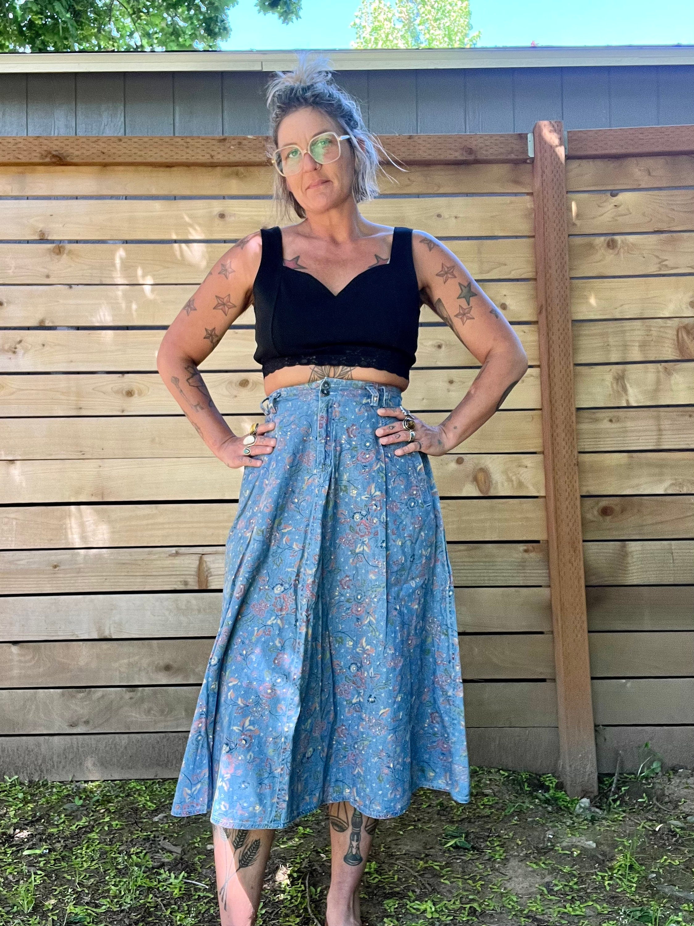Liz Wear 1990s Vintage Floral Chambray Cotton Skirt Womens Size