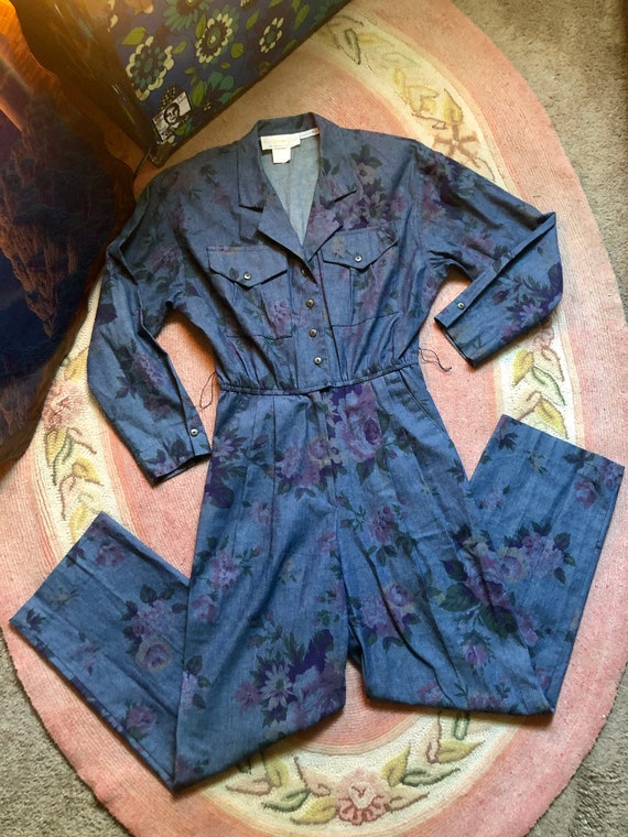 Rad 1980’s vintage floral print denim jumpsuit wo… - image 5