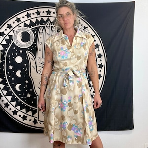 1970’s vintage floral cap sleeve polyester boho dress women’s size medium