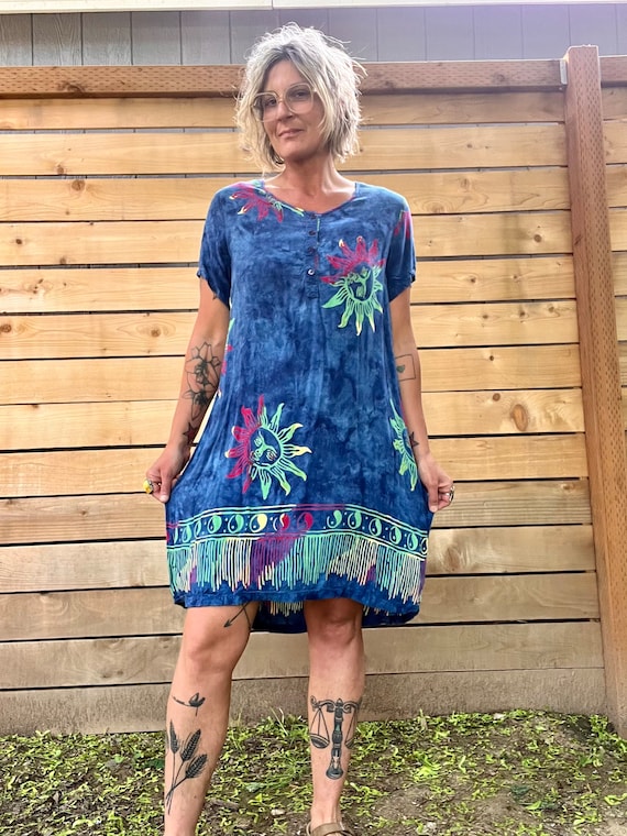 1990’s vintage tie dye sun print dress womens siz… - image 1