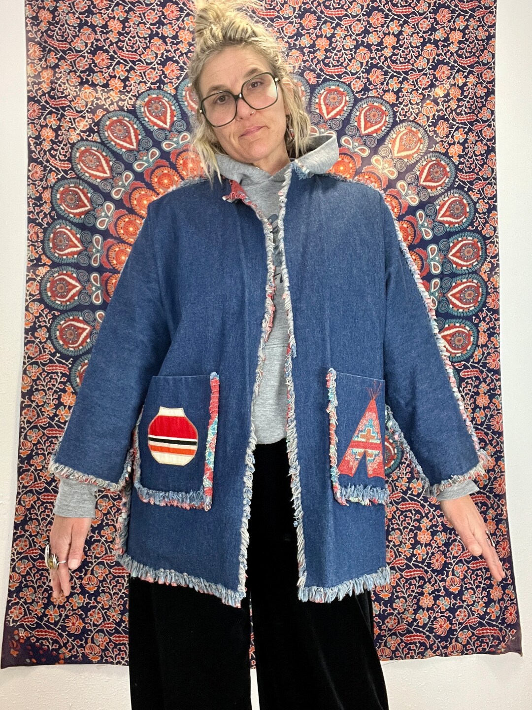 1980s unknown cotton×wool Design jacket 1980's/90's Vintage Handmade Southwestern Boho Western Denim