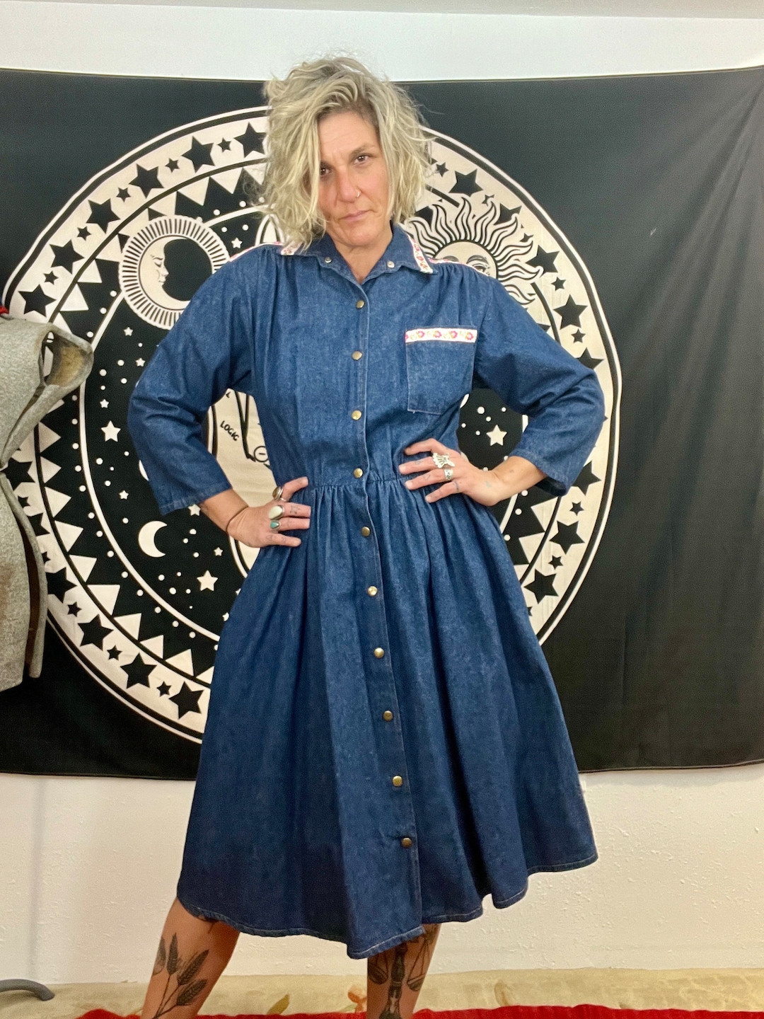 Adorable Vintage 1980's Ransom Denim Floral Western Dress