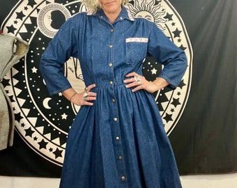 Adorable vintage 1980’s Ransom denim floral western dress. Womens size medium/large