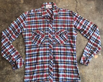 Large Grey \u0026 Red Plaid Shirt Men's 90s 