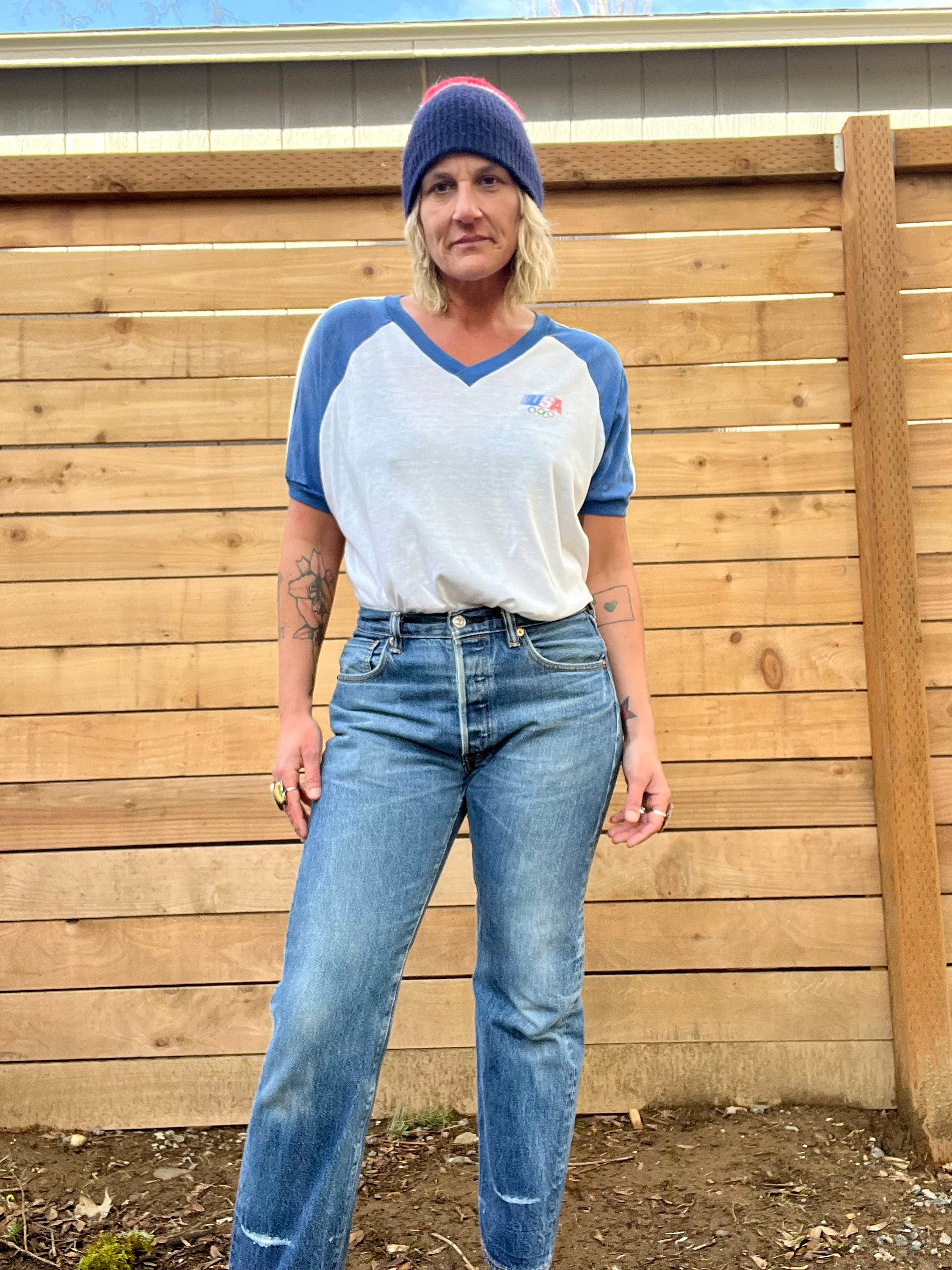 Wrangler Womens Blue Jeans Lady Ringer Tee Worn White Size M