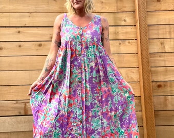 1980’s/90’s vintage hippie colorful tie dye empire waist flowy maxi dress women’s size medium/large