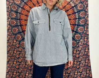 Vintage Carhartt Shirt Hickory Striped Chore Workwear Quarter Zip