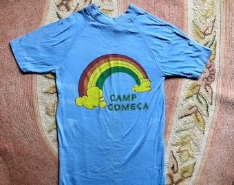 Vintage regenboog Camp Comeca T-shirt jaren 70/80, damesmaat: xsmall